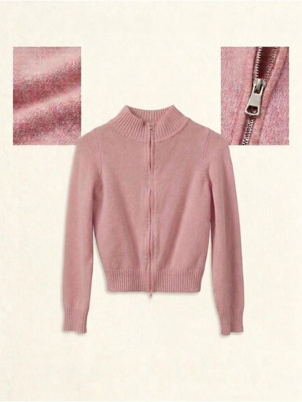 Classic Zip-Up Knit Sweater - Dusty Pink